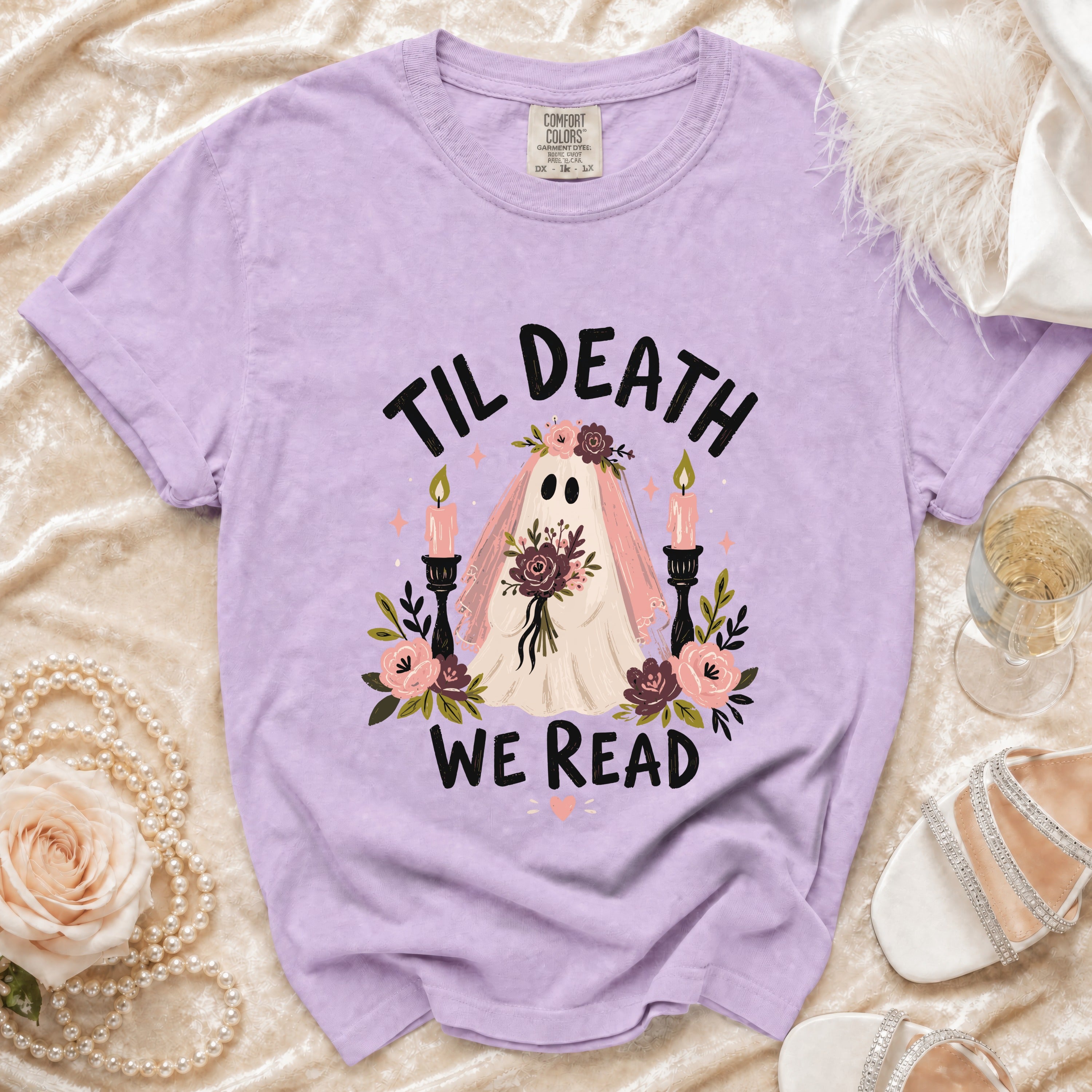 Purple t-shirt with ghost bride graphic reading "Til Death We Read."
