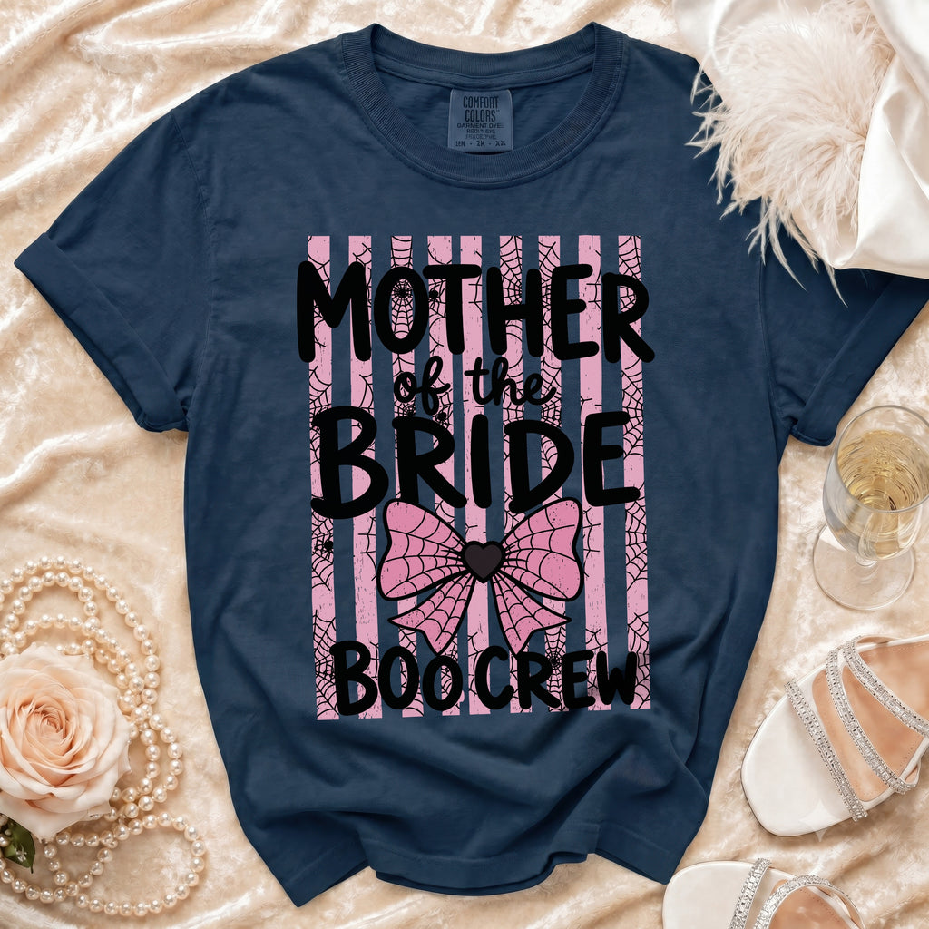 Navy t-shirt with "Mother of the Bride Boo Crew" text and Halloween graphics.