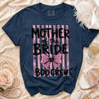Navy t-shirt with "Mother of the Bride Boo Crew" text and Halloween graphics.