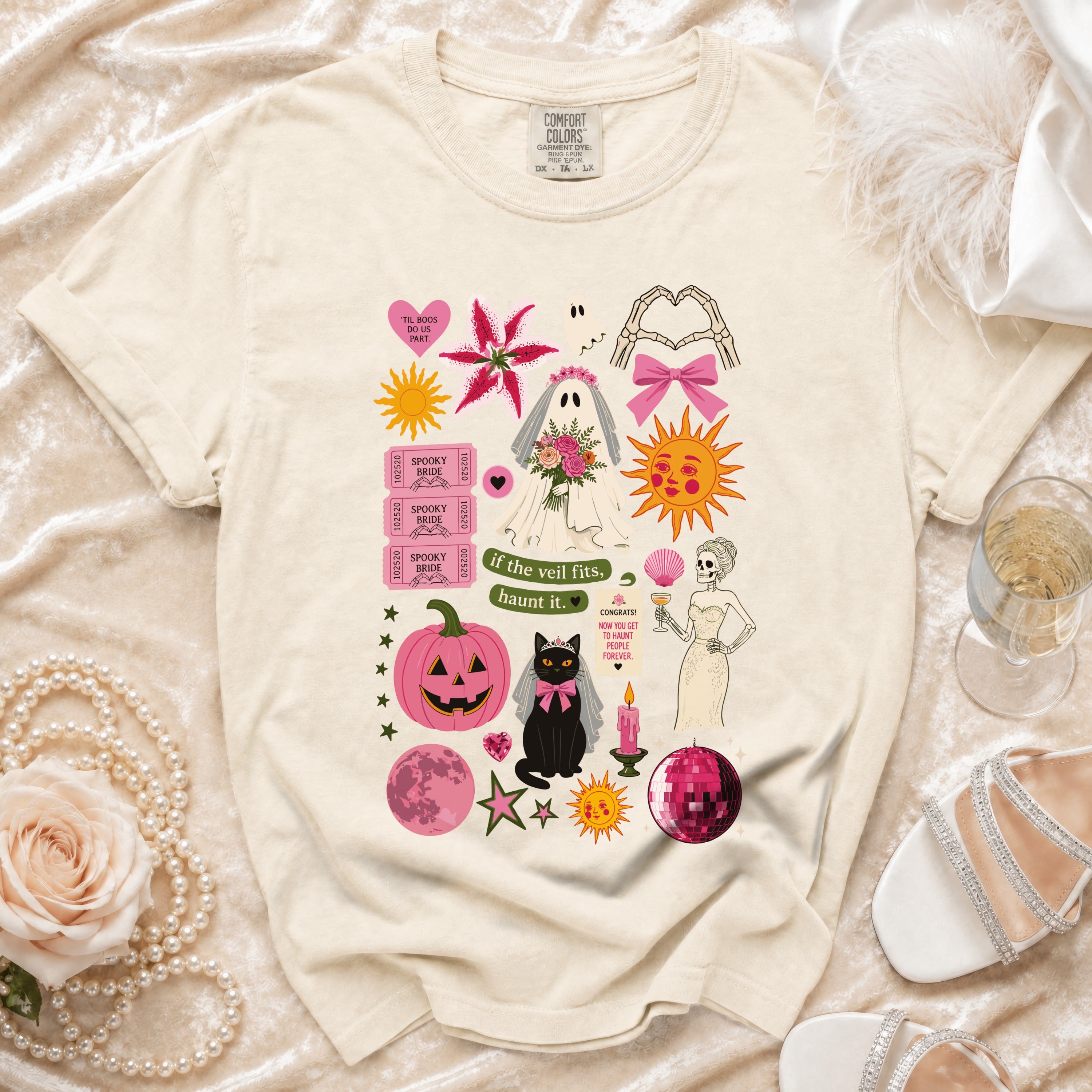 Cream t-shirt with Halloween-themed wedding graphics including a bride ghost and cat.