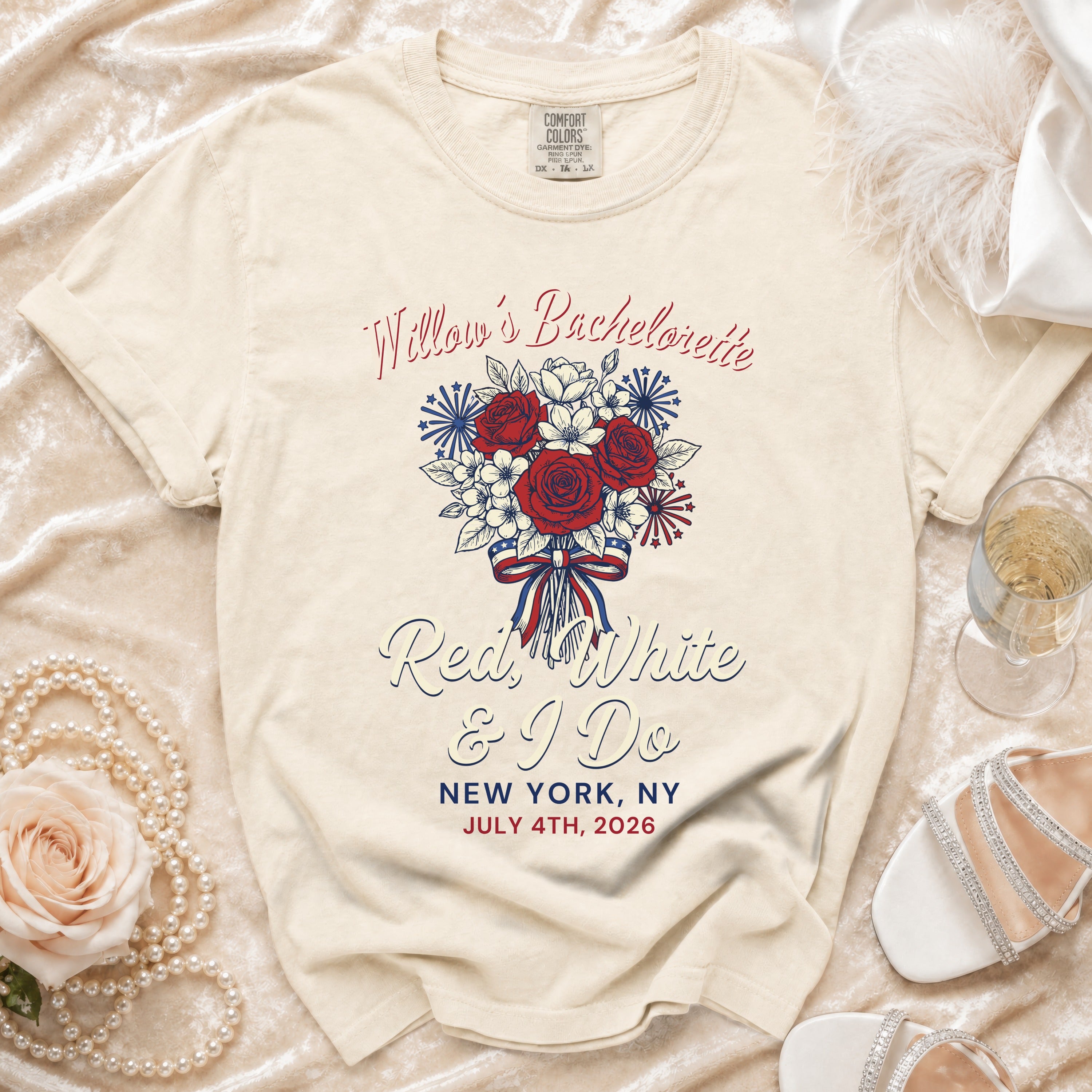 Cream t-shirt with "Willow's Bachelorette Red, White & I Do" text and floral graphic.