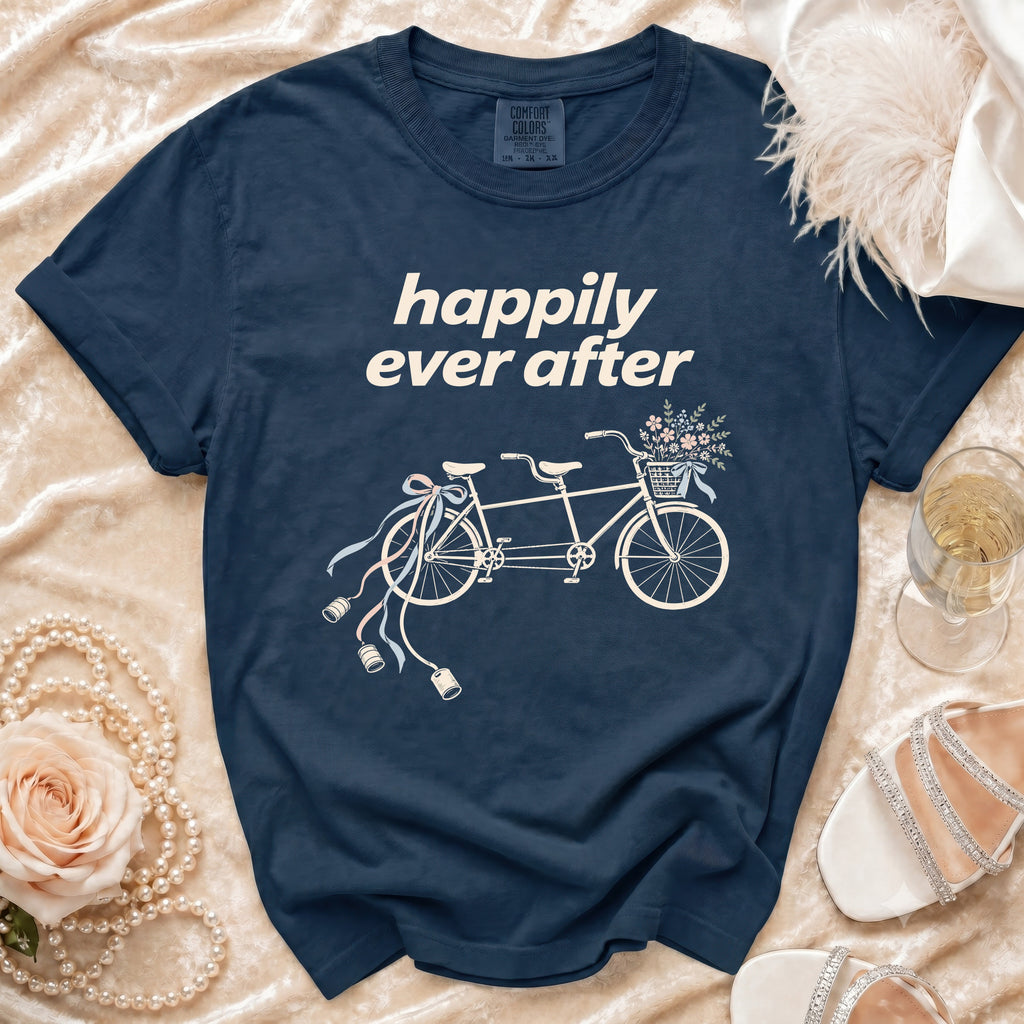 Navy t-shirt with "happily ever after" text and tandem bicycle graphic.