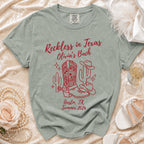 T-shirt with "Reckless in Texas" design for Olivia's Bach, Austin, TX, Summer 2026.