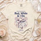 Bachelorette t-shirt with "Red, White & I Do" text and patriotic graphics.