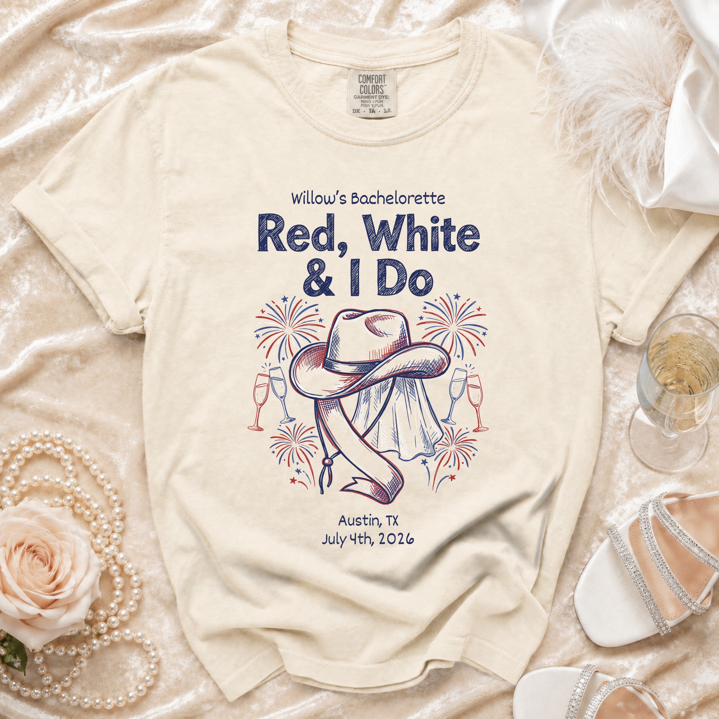 Bachelorette t-shirt with "Red, White & I Do" text and patriotic graphics.