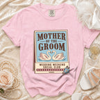 Pink t-shirt with "Mother of the Groom, Wedding Weekend Social Club" text and swans.
