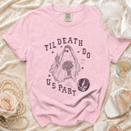 Pink t-shirt with "Til Death Do Us Part" ghost graphic and Grateful Dead skull.