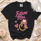 Black t-shirt with "Future Mrs." text, diamond ring, and pink hearts graphic.