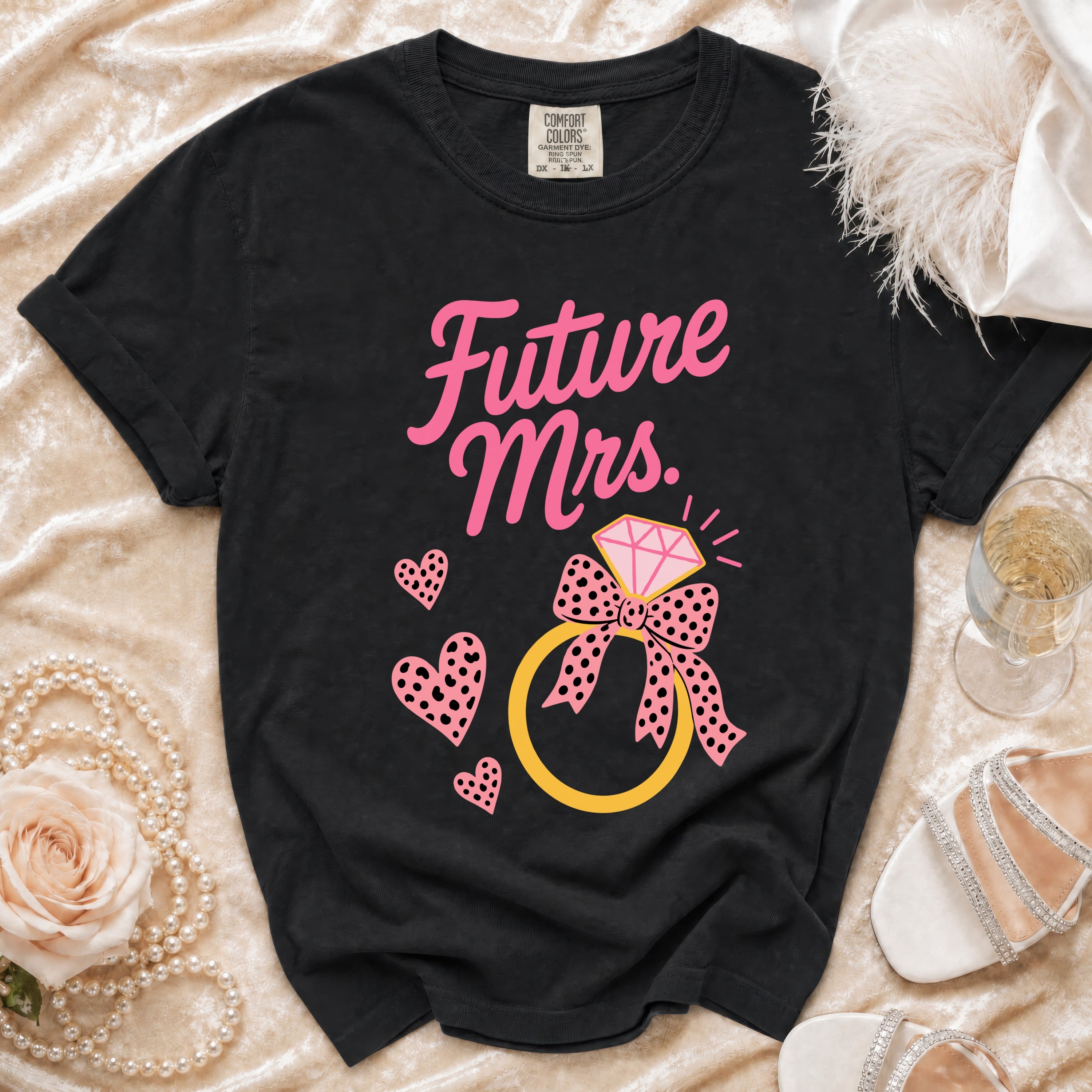 Black t-shirt with "Future Mrs." text, diamond ring, and pink hearts graphic.