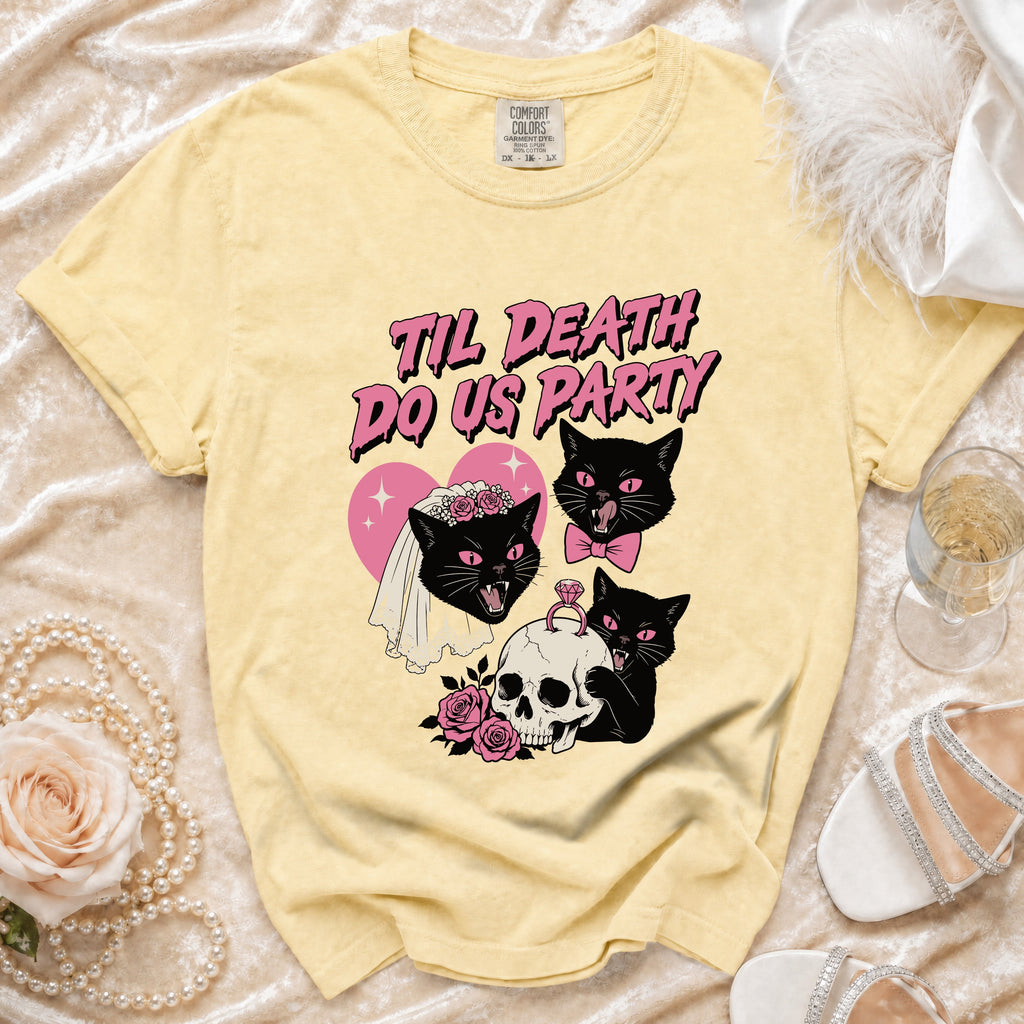 Yellow t-shirt with pink text "Til Death Do Us Party" and black cat illustrations.