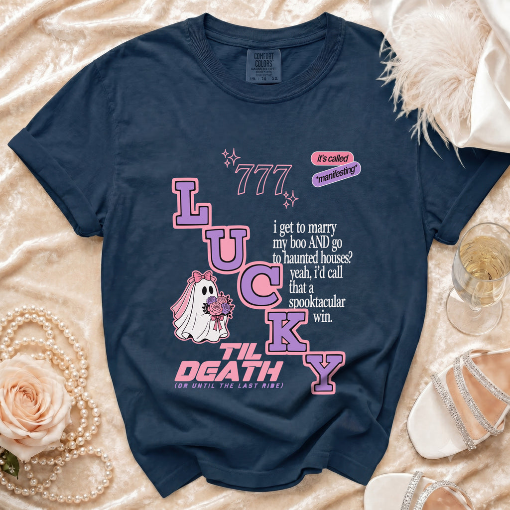 Navy t-shirt with "Lucky" design and text about marrying a "boo".