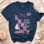 Navy t-shirt with "Lucky" design and text about marrying a "boo".