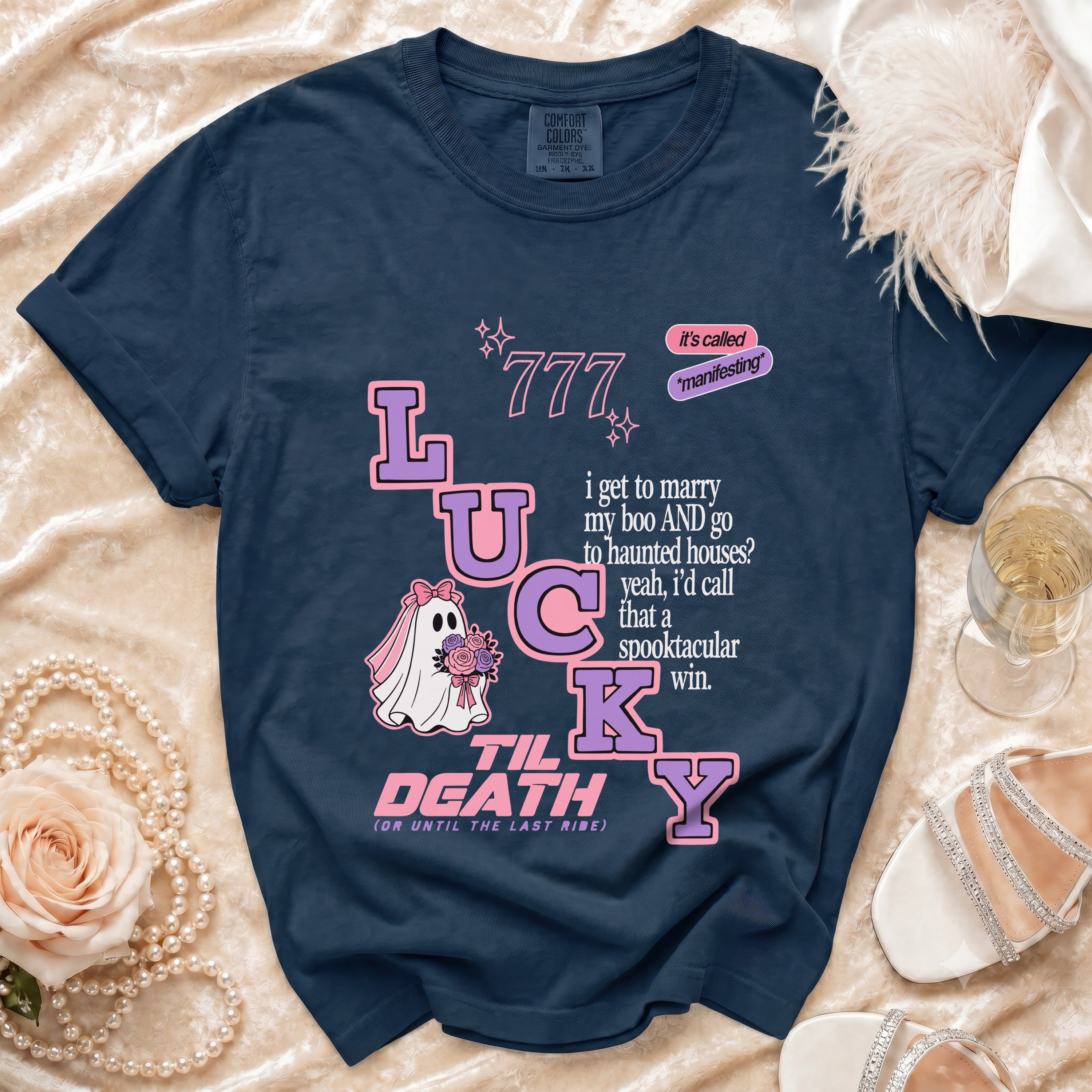 Navy t-shirt with "Lucky" design and text about marrying a "boo".
