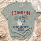 Red, White & I Do bachelorette t-shirt with Statue of Liberty and fireworks.