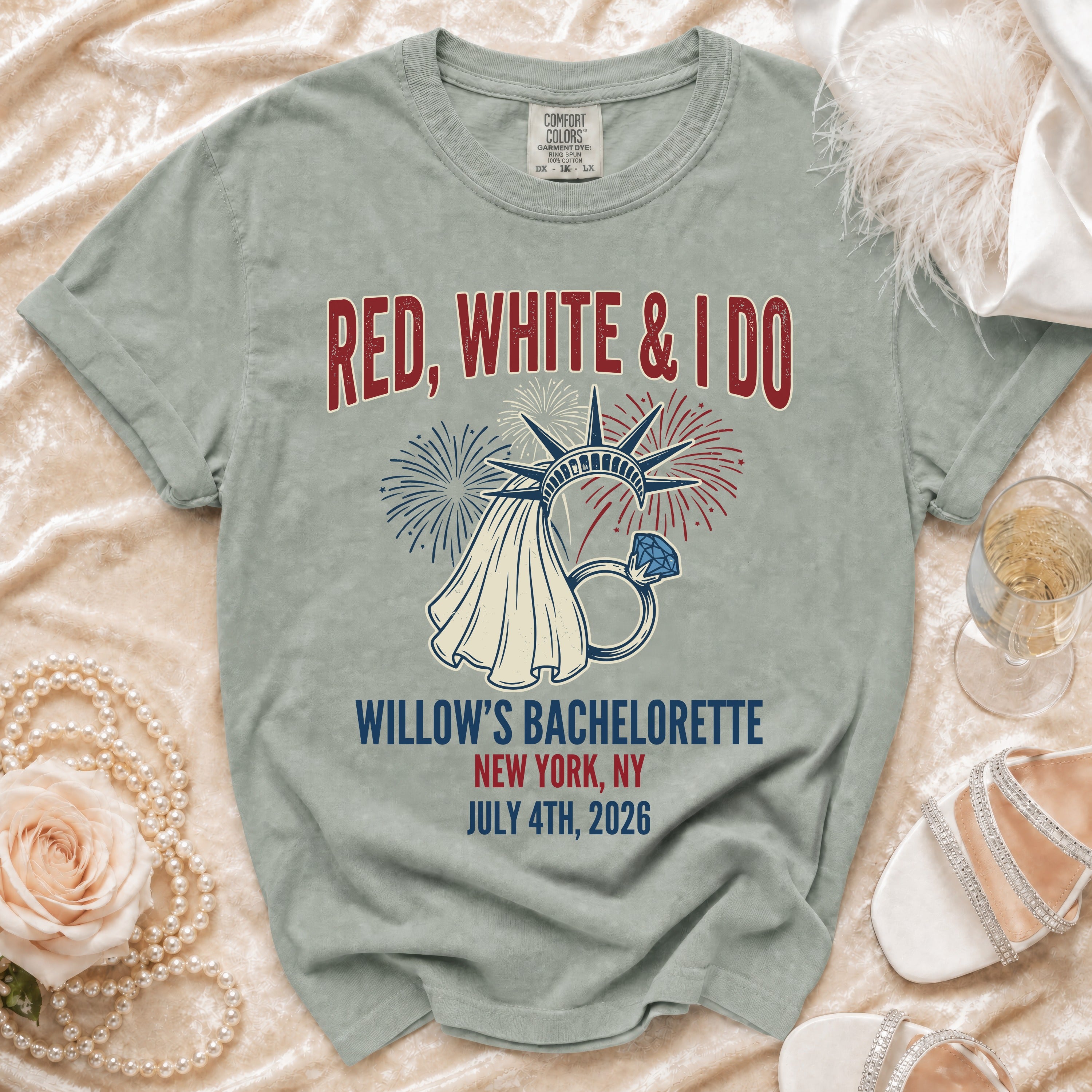 Red, White & I Do bachelorette t-shirt with Statue of Liberty and fireworks.