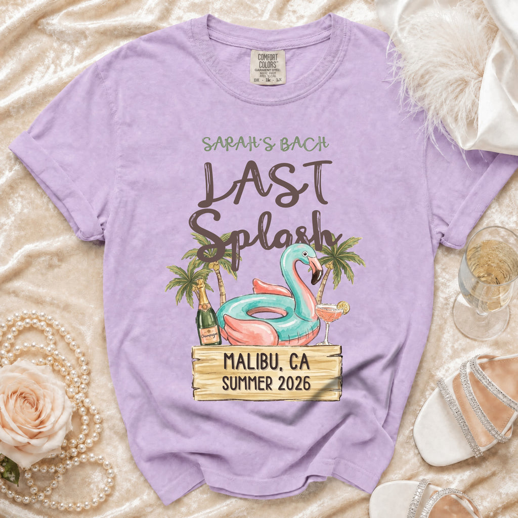 Purple t-shirt with "Sarah's Last Splash" text and Malibuca Summer 2026 graphic.
