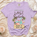 Purple t-shirt with "Sarah's Last Splash" text and Malibuca Summer 2026 graphic.
