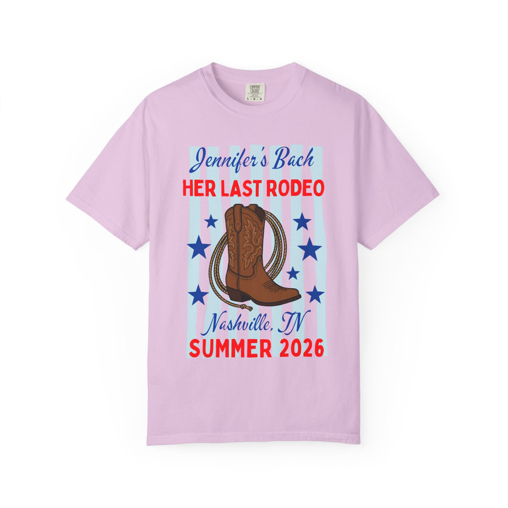 Pink t-shirt with "Jennifer's Bach Her Last Rodeo" and Nashville, TN Summer 2026.
