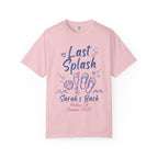 Pink t-shirt with "Last Splash Sarah's Bach Malibu, CA Summer 2026" graphic.