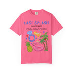 Pink t-shirt with "Last Splash Sarah's Bach Malibu, CA Summer 2026" and tropical graphics.