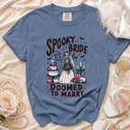 Blue t-shirt with "Spooky Bride" and "Doomed to Marry" skeleton graphic.