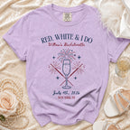 Red, white, and I Do Willow's Bachelorette T-shirt with fireworks and champagne.