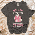 Dark gray t-shirt with "Mother of the Bride" ghost graphic and "Boo-jee" bag.
