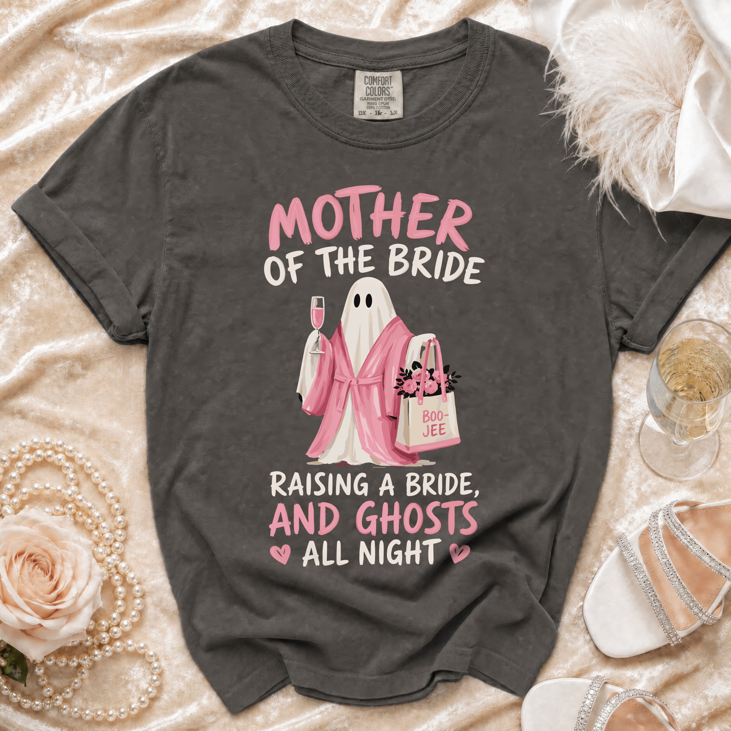 Dark gray t-shirt with "Mother of the Bride" ghost graphic and "Boo-jee" bag.