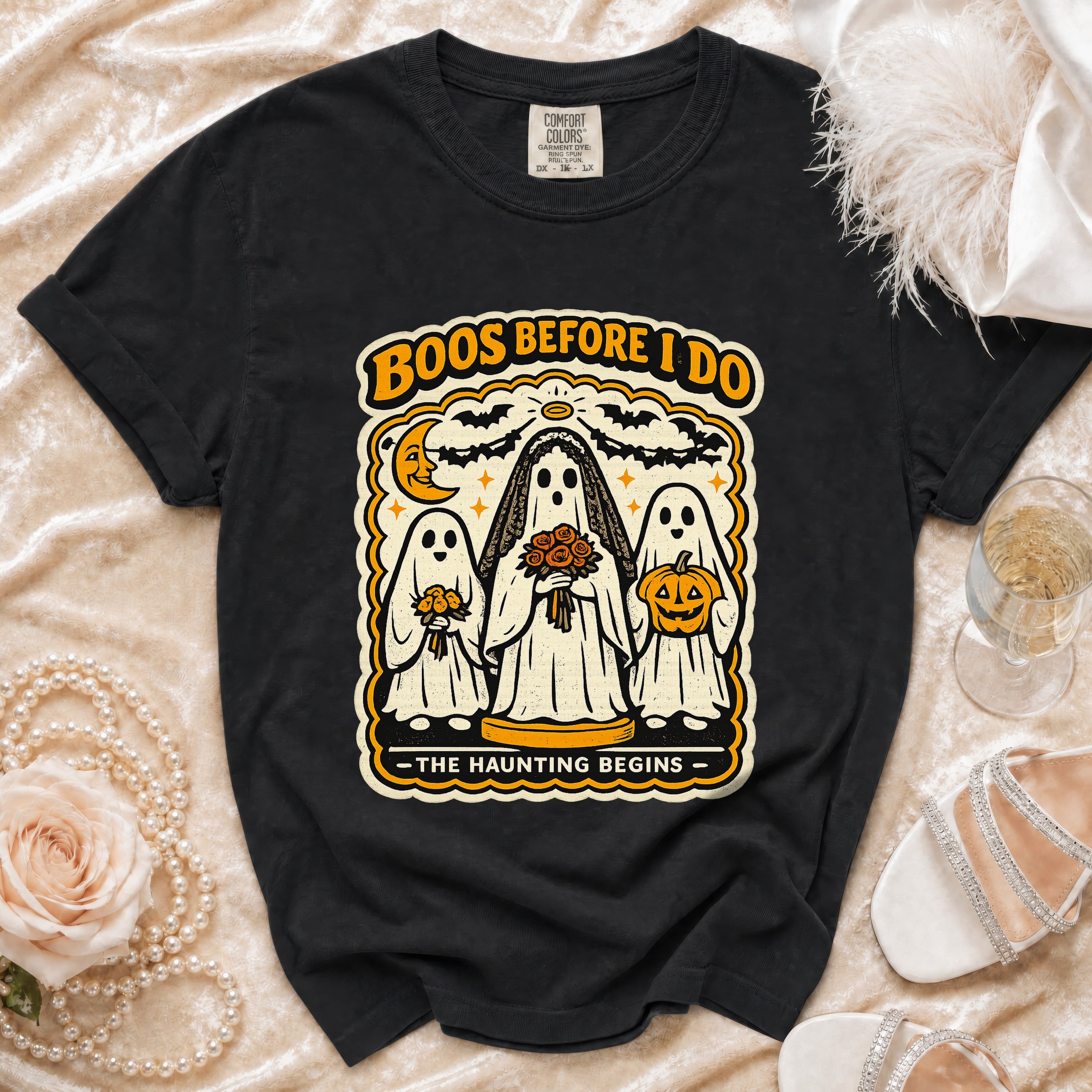 Black t-shirt with "Boos Before I Do" and ghost bride graphic.