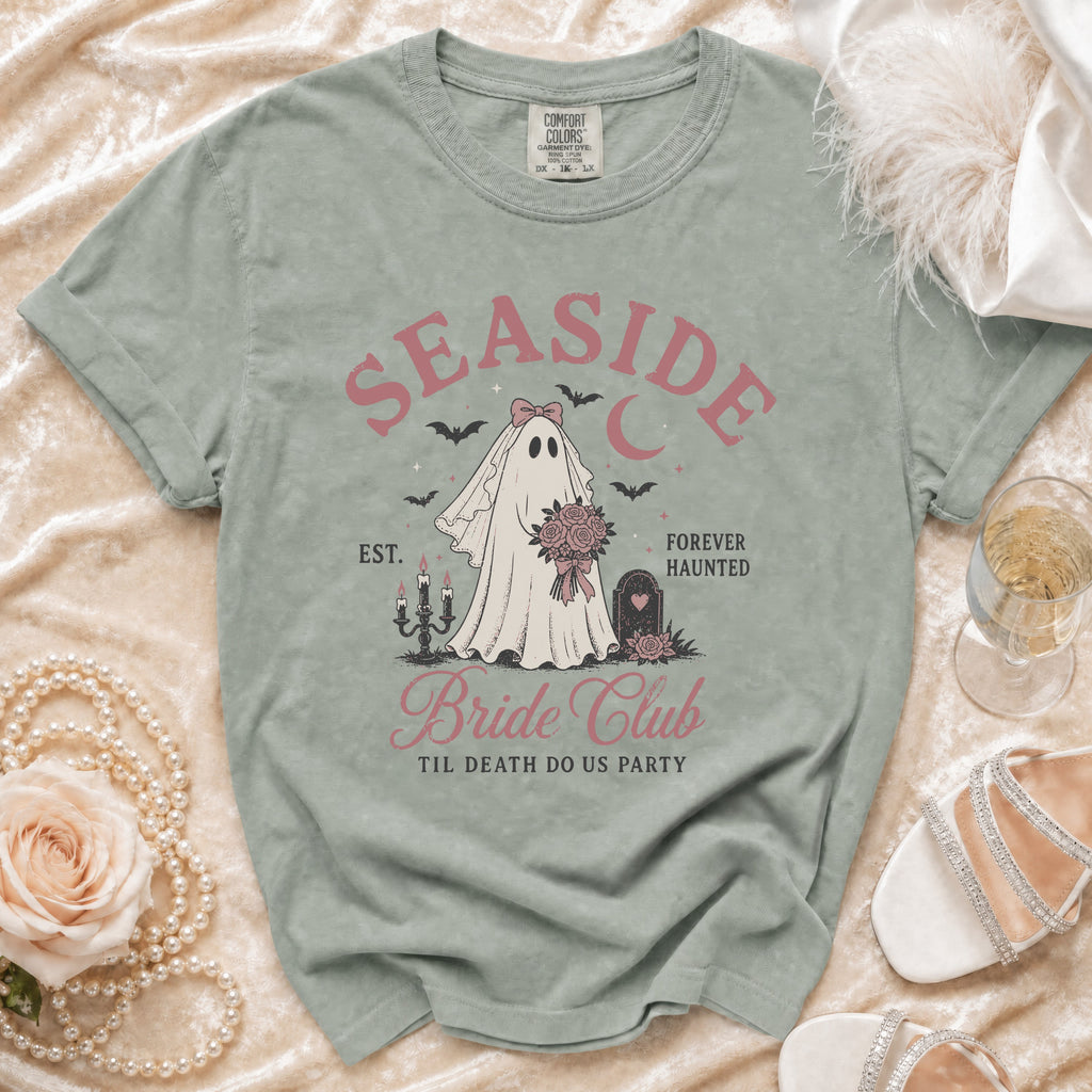 Seaside Bride Club t-shirt with ghost bride, bats, and text "Til Death Do Us Party".