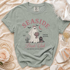 Seaside Bride Club t-shirt with ghost bride, bats, and text "Til Death Do Us Party".