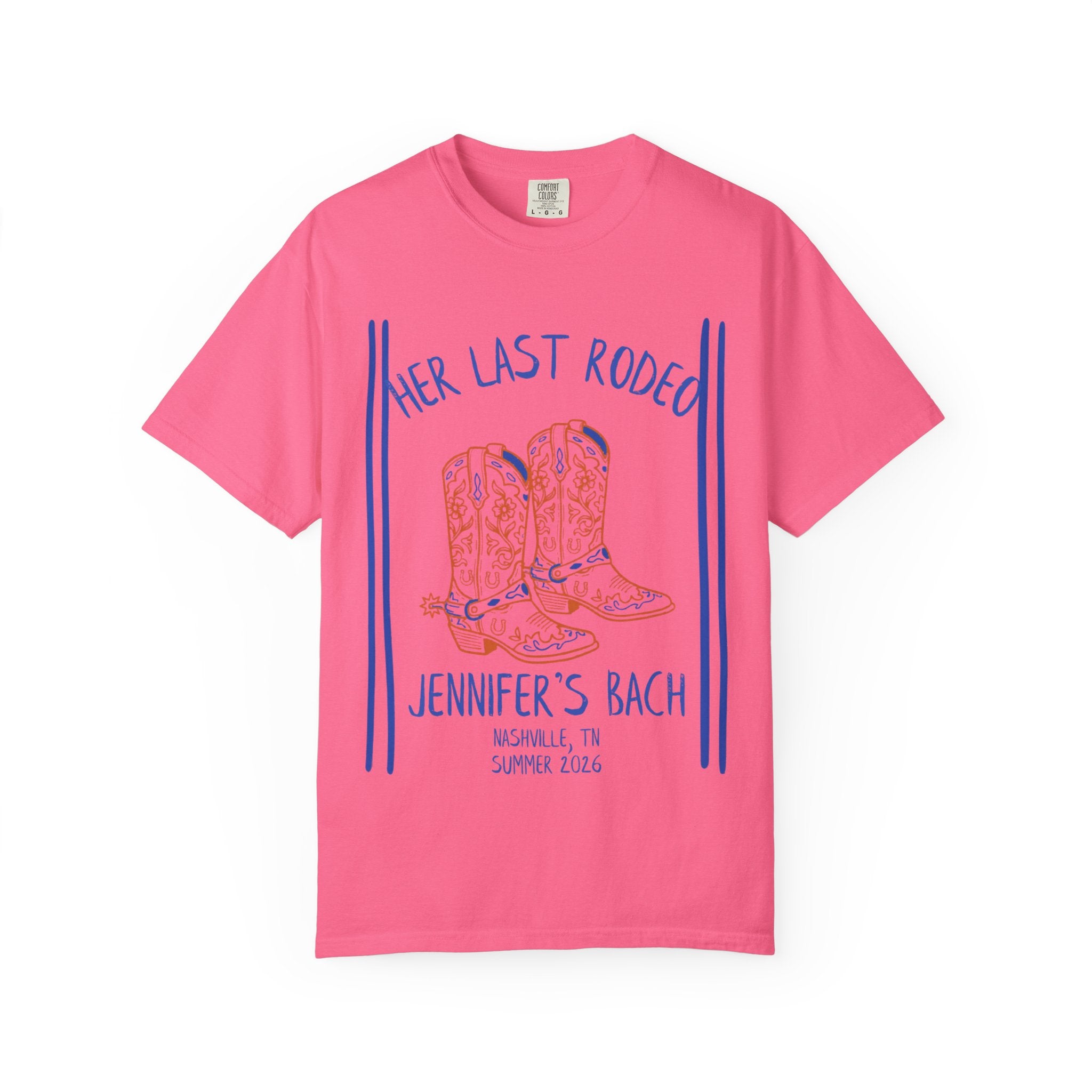 Pink t-shirt with "Her Last Rodeo" and cowboy boots graphic.