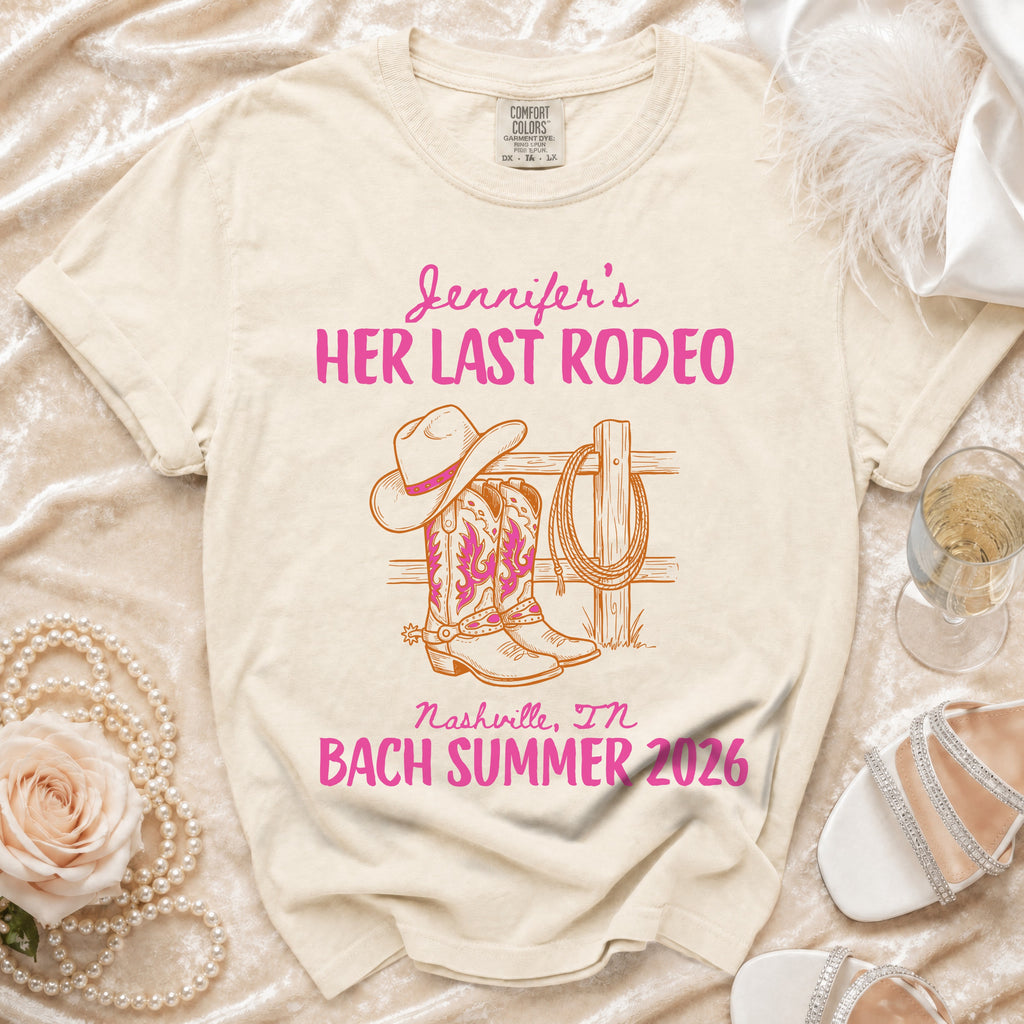 T-shirt with "Jennifer's Her Last Rodeo, Nashville, TN, Bach Summer 2026" and cowboy boots.