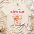 T-shirt with "Jennifer's Her Last Rodeo, Nashville, TN, Bach Summer 2026" and cowboy boots.