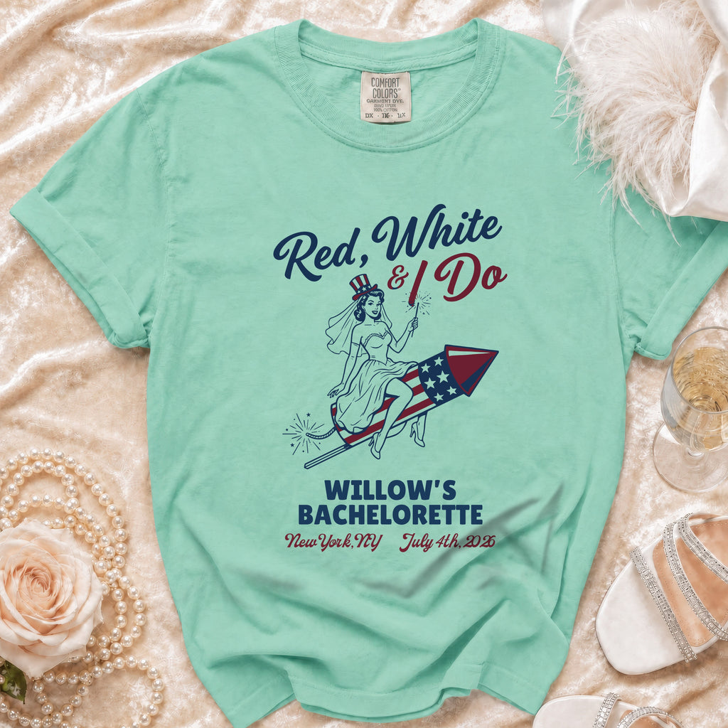 Red, White & I Do bachelorette t-shirt with bride on rocket.