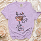 Lilac t-shirt with graphic "Wifey Wants a Spritz" and cocktail illustration.