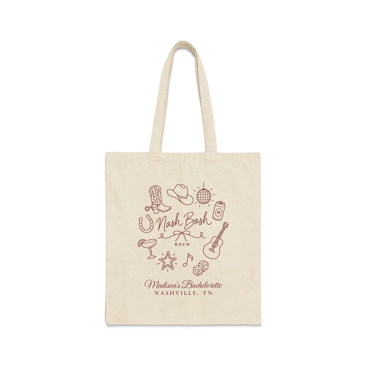Beige canvas tote bag featuring brown line-art illustrations and the text Nash Bach Madison's Bachelorette Nashville, TN.