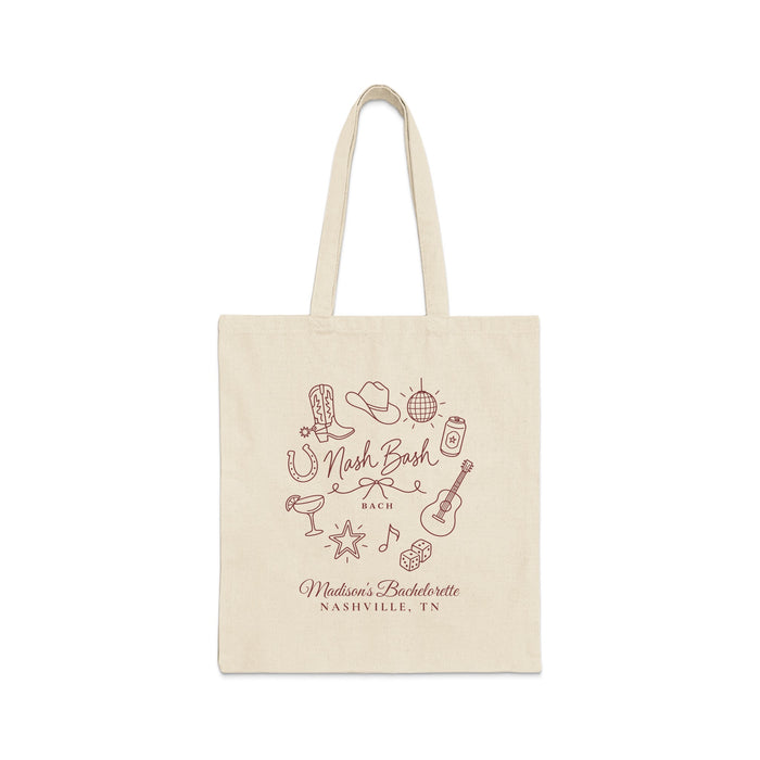 Beige canvas tote bag featuring brown line-art illustrations and the text Nash Bach Madison's Bachelorette Nashville, TN.
