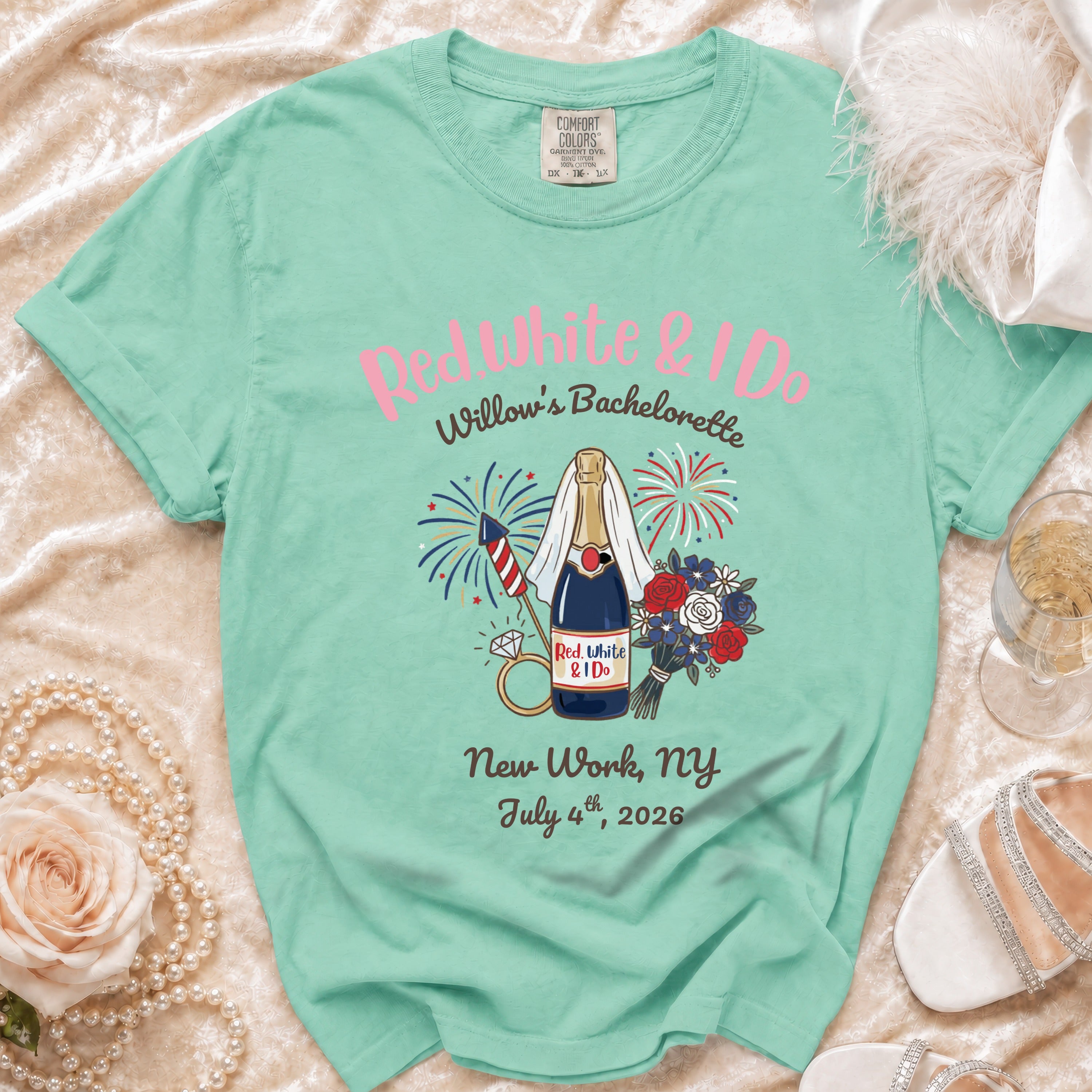 Mint green t-shirt with "Willow's Bachelorette Red, White & I Do" design.