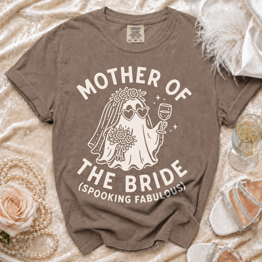 "Mother of the Bride (Spooking Fabulous)" graphic tee with ghost bride design.