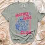 T-shirt with "Mother of the Bride" text featuring a poodle in sunglasses by a wine glass.
