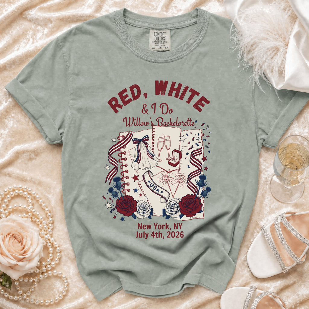 Red, White & I Do Willow's Bachelorette shirt with event details.