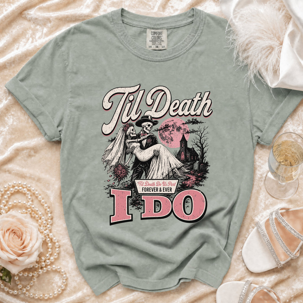 T-shirt with skeleton bride and groom graphic, "Til Death" and "I Do" text.