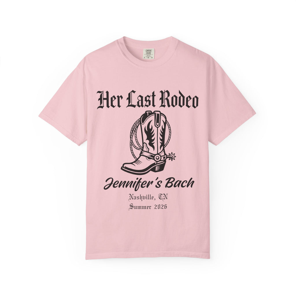Pink t-shirt with "Her Last Rodeo" and cowboy boot graphic.