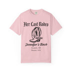 Pink t-shirt with "Her Last Rodeo" and cowboy boot graphic.