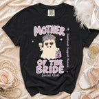 Black t-shirt with "Mother of the Bride Social Club" text and a ghost graphic.