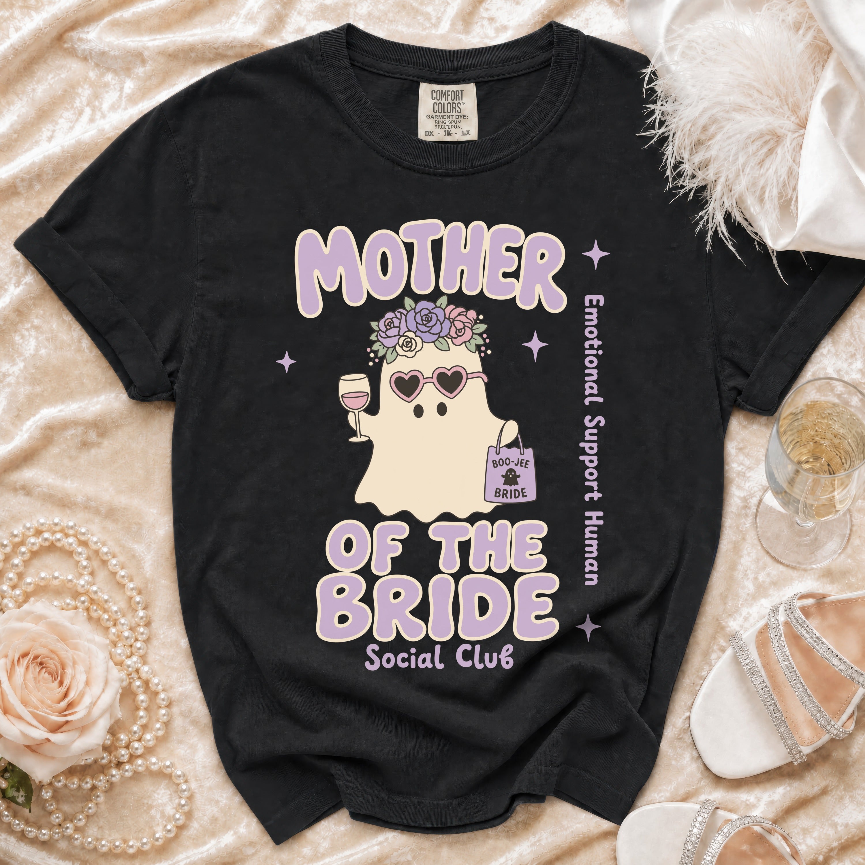 Black t-shirt with "Mother of the Bride Social Club" text and a ghost graphic.