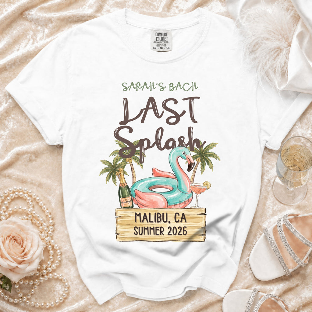 White t-shirt with "Sarah's Bach Last Splash" graphic and Malibu, CA Summer 2026 text.