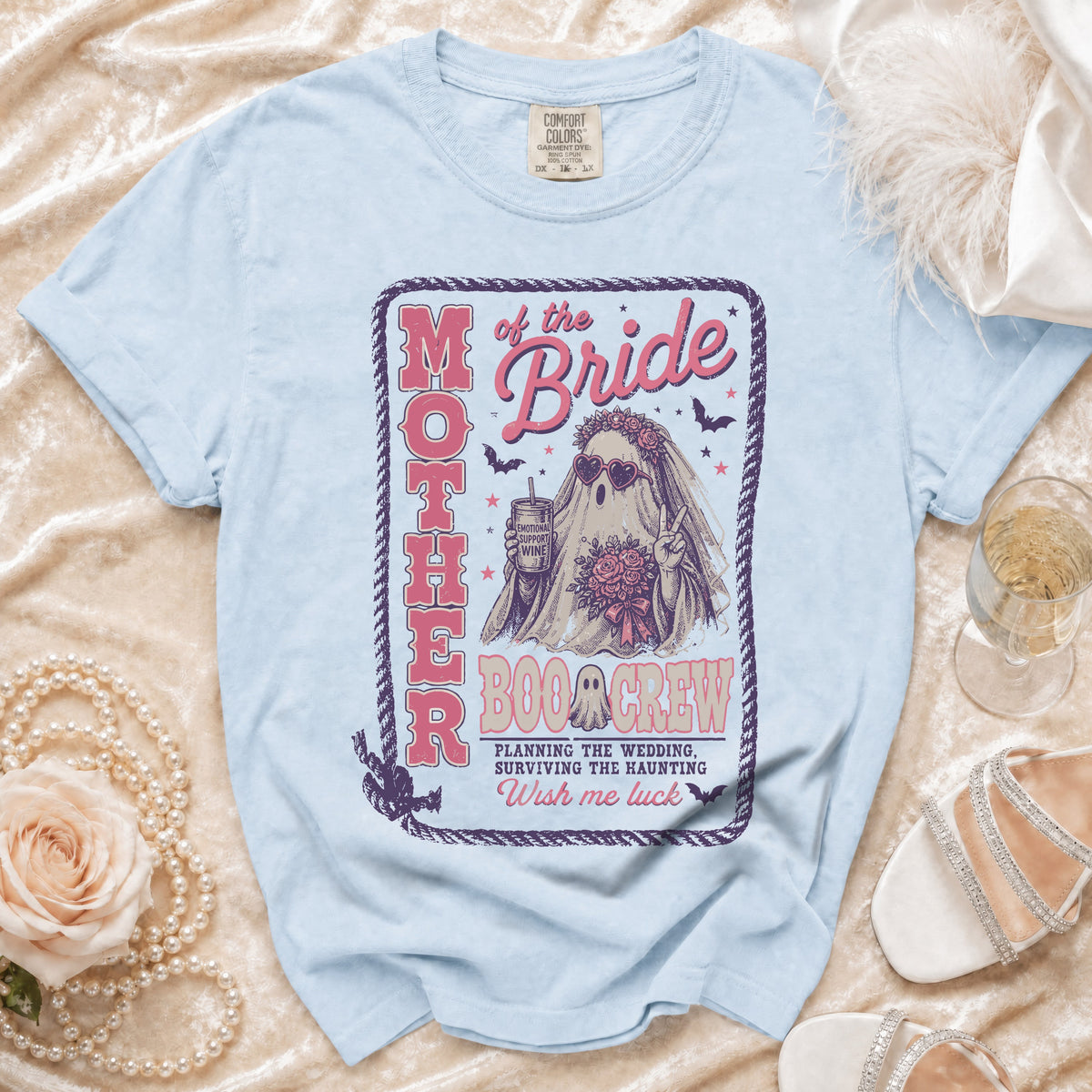 Light blue t-shirt with "Mother of the Bride Boo Crew" graphic and ghost bride.
