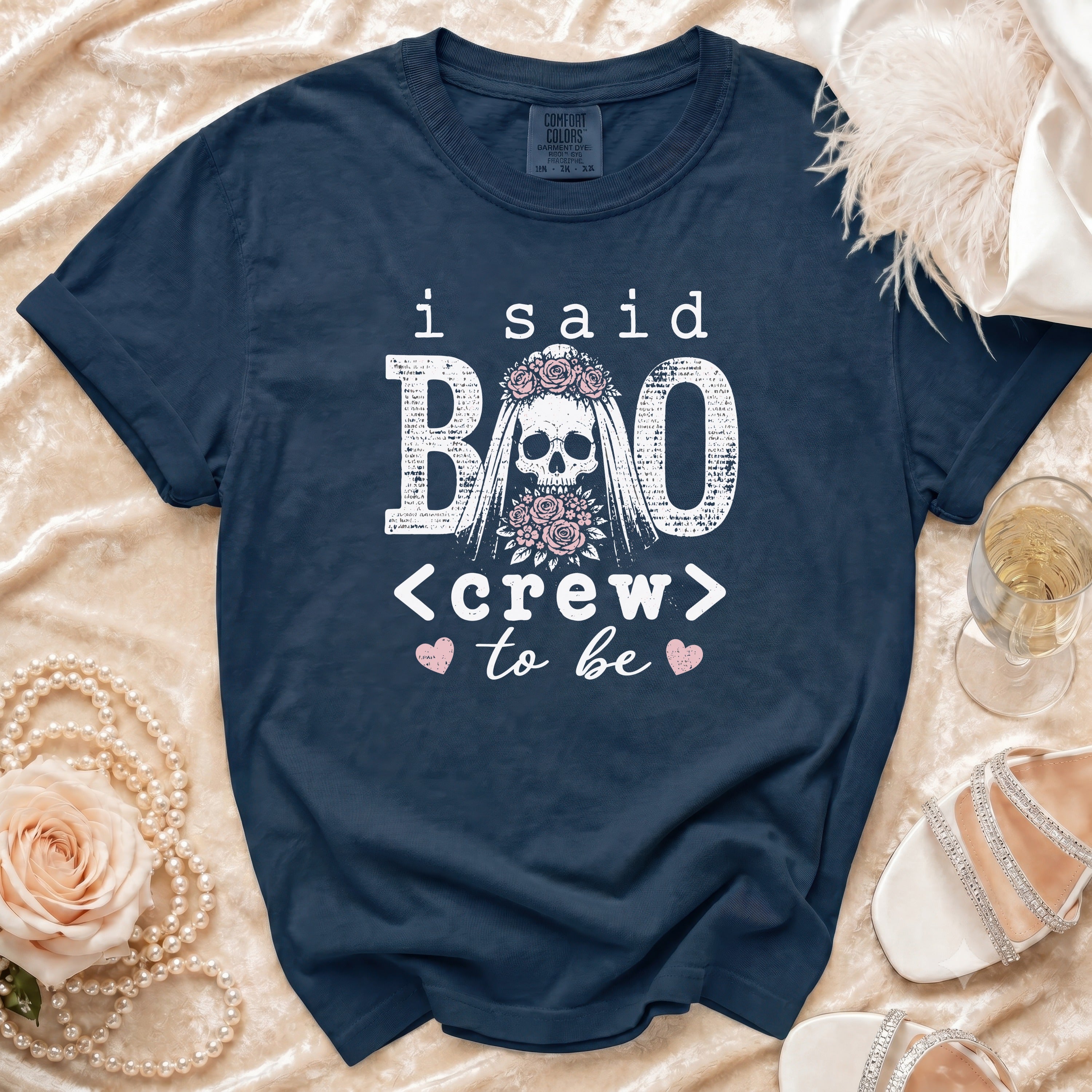 Navy t-shirt with "i said BOO <crew> to be" design featuring a skull bride.